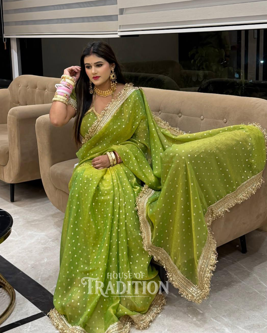 Premium NC Moss Satin Saree in Parrot Green with Maharani Heavy Border | Designer Party Wear & Wedding Saree for Women