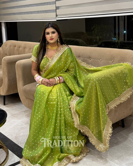 Premium NC Moss Satin Saree in Parrot Green with Maharani Heavy Border | Designer Party Wear & Wedding Saree for Women