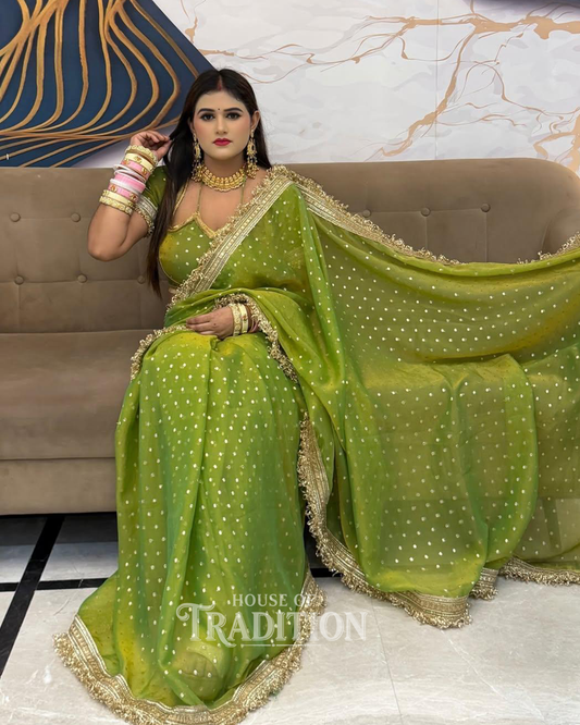 Premium NC Moss Satin Saree in Parrot Green with Maharani Heavy Border | Designer Party Wear & Wedding Saree for Women