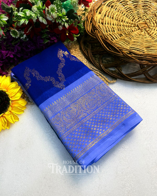 Royal Blue & Wine Marshmallow Silk Saree with Heavy Zari Weaving Border | Designer Foil Work Saree with Blouse | Wedding & Festive Wear