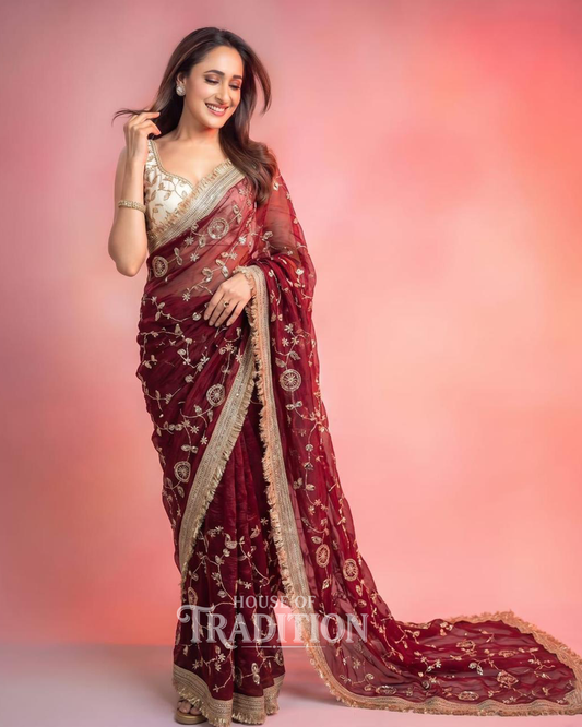 Elegant Space Satin Sequins Work Saree with Contrast Running Blouse