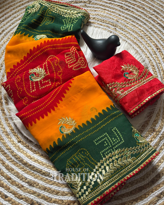 Multicolor Bandhani Silk Saree with Zari Border & Peacock Embroidery | Designer Festive & Traditional Saree for Women
