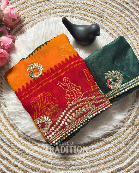Multicolor Bandhani Silk Saree with Zari Border & Peacock Embroidery | Designer Festive & Traditional Saree for Women