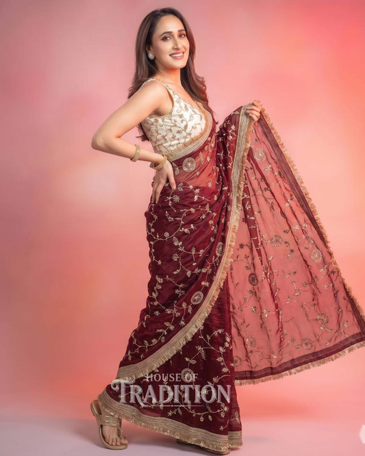 Elegant Space Satin Sequins Work Saree with Contrast Running Blouse