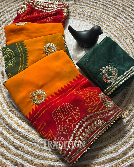 Multicolor Bandhani Silk Saree with Zari Border & Peacock Embroidery | Designer Festive & Traditional Saree for Women